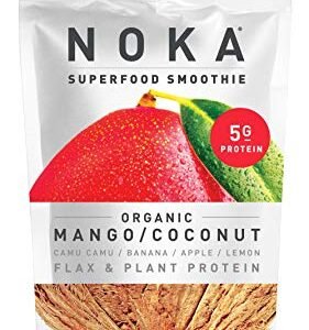 NOKA Superfood Pouches (Mango Coconut) | 100% Organic Fruit And Veggie Smoothie Squeeze Packs | No Added Sugar, Non GMO, Gluten Free, Vegan, 4g Plant Protein | 4.2oz Each – Pack of 6
